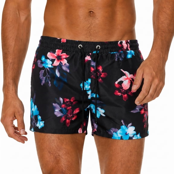Smawell Men's Tropical Hibiscus Floral Print Quick Dry Swim Trunks Elastic Drawstring Beach Board Shorts with Side Pockets Bathing Suit