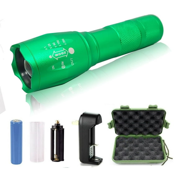 2pc G1000 Military Tactical Flashlight 5 Modes Zoomable Adjustable Focus - Ultra Bright LED Tactical Flashlight - Full Kit (Green)