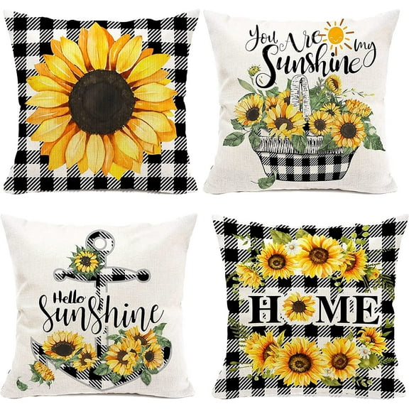 Sunflower Pillow Covers 18x18 Inch Spring Summer Floral Decorative Throw Pillow Case Black and White Buffalo Plaid Cushion Cover Home Decor for Bedroom Sofa Living Room Couch Chair Outdoor