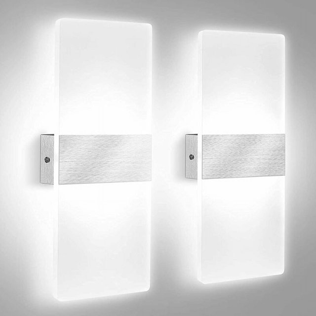 2 apliques LED de pared para interiores, 12 W, 6000 K, lámpara de pared acrílica blanca fría, diseño moderno, decoración de pared, lámpara de pared para sala de estar, dormitorio, pasillo, baño (2 un TUNC Sencillez