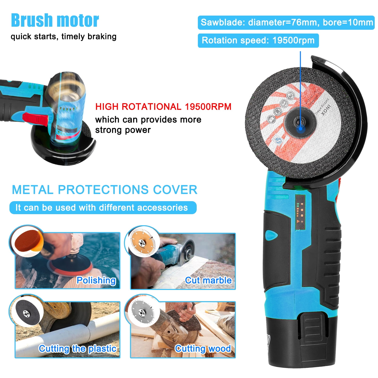 Electric Angle Grinder Angle 19500rpm Electric Grinding Machine Handheld Multifunctional Angle Grinder for Cutting Polishing Ceramic Tile Wood Stone Steel