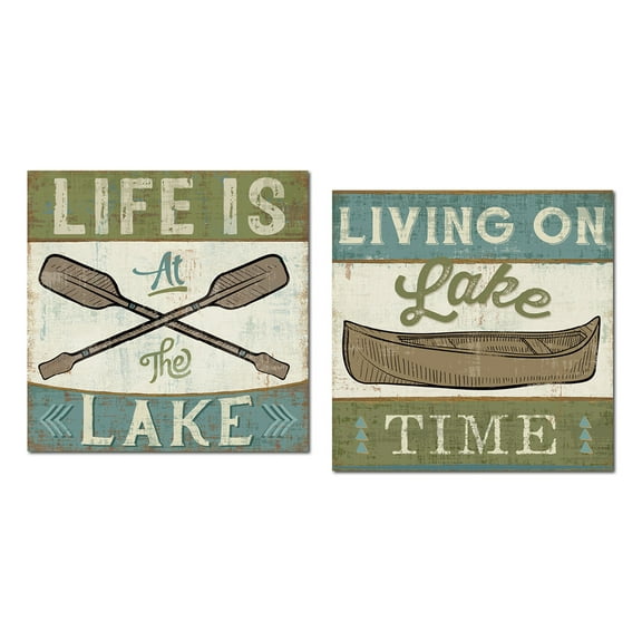 Rustic Blue and Green "Living On Lake Time" Adult Lodge Decor; 2- 12" x 12" Unframed Prints