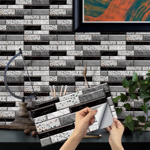 6Pcs Mosaic Marbling Brick Tiles Stickers 11.8" x 5.9" Kitchen Tile Backsplash Peel and Stick  Wall Decals Self Adhesive Waterproof Vinyl Wallpaper