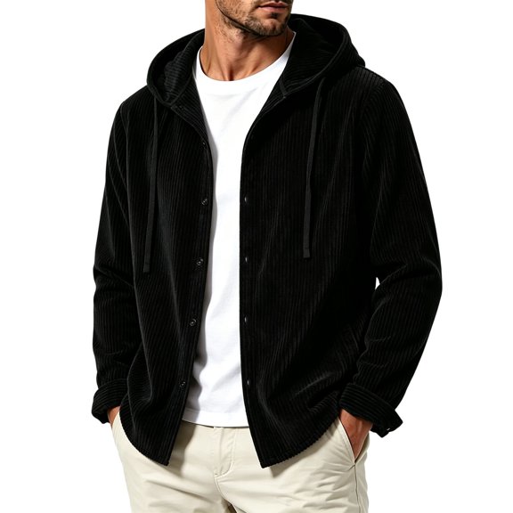 TOUMENY Men Corduroy Hooded Cardigan Vintage Button Down Long Sleeve Drawstring Coat Fall Winter Loose Casual Oversized Jacket Black L