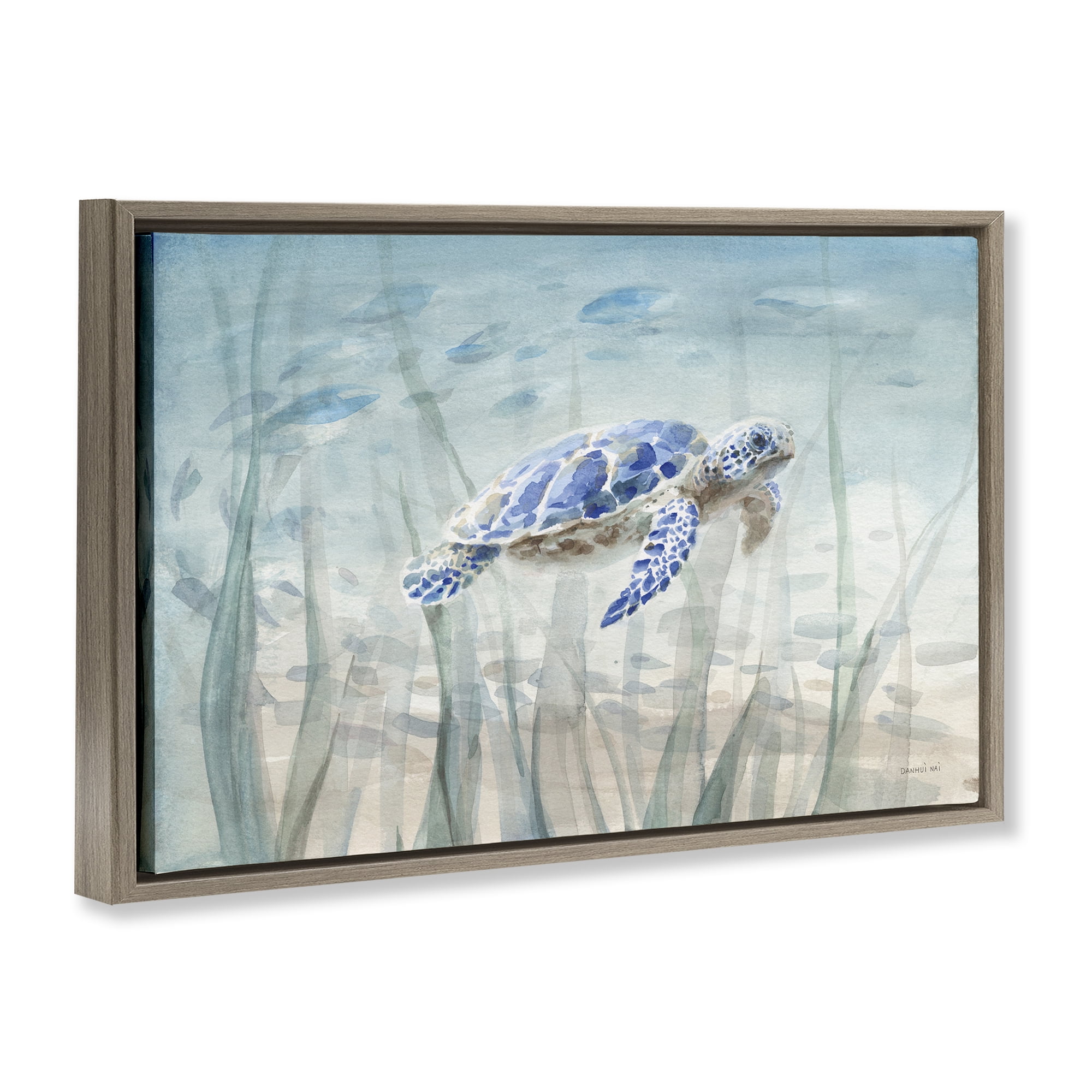 Stupell Industries Undersea Turtle Swim Animals Painting Brown Floater Framed Canvas Art Print Wall Art, 31 x 21
