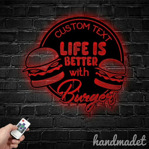 Handmadetneonsign Life Is Better With Burgers Metal Wall Art, Burger Restaurant Metal Sign Wall Decor
