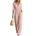 thumbnail image 2 of Aimik Jumpsuits for Women Fashion 3/4 Sleeve Lapel Belted Wide Leg Jumpsuits Summer Fall Womens One Piece Overalls, 2 of 6