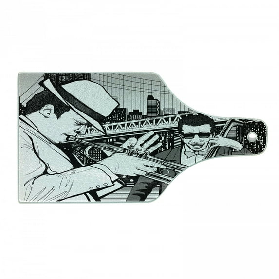 Music Cutting Board, Illustration of Jazz Band Playing the Blues in New York in Moonlight Retro Design, Tempered Glass Cutting and Serving Board, Wine Bottle Shape, Black White, by Ambesonne