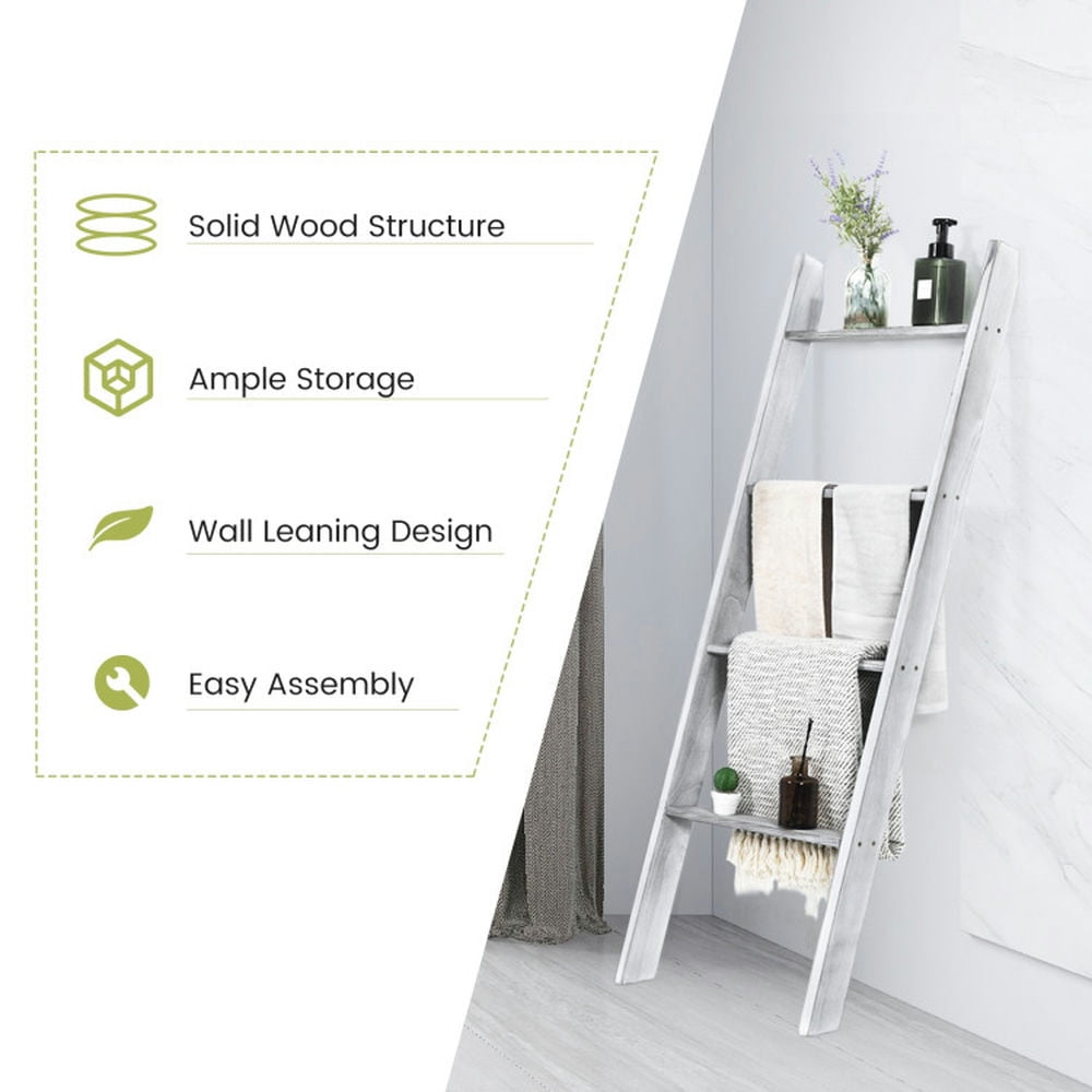 Finihen Wall Leaning Ladder Towel Rack, Blanket Ladder, 4-Tier Wall Leaning Ladder Shelf Stand, Gray