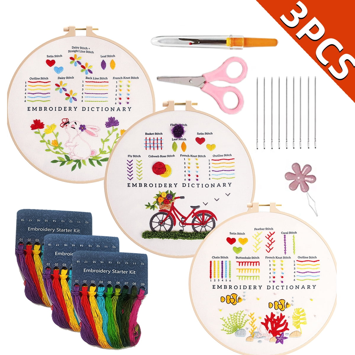 3 Pack Embroidery Starter Kit with Pattern,Hand Crewel Embroidery for Beginners 7.9 inch,Including Bamboo Hoops,Colorful Thread and Needles(Floral