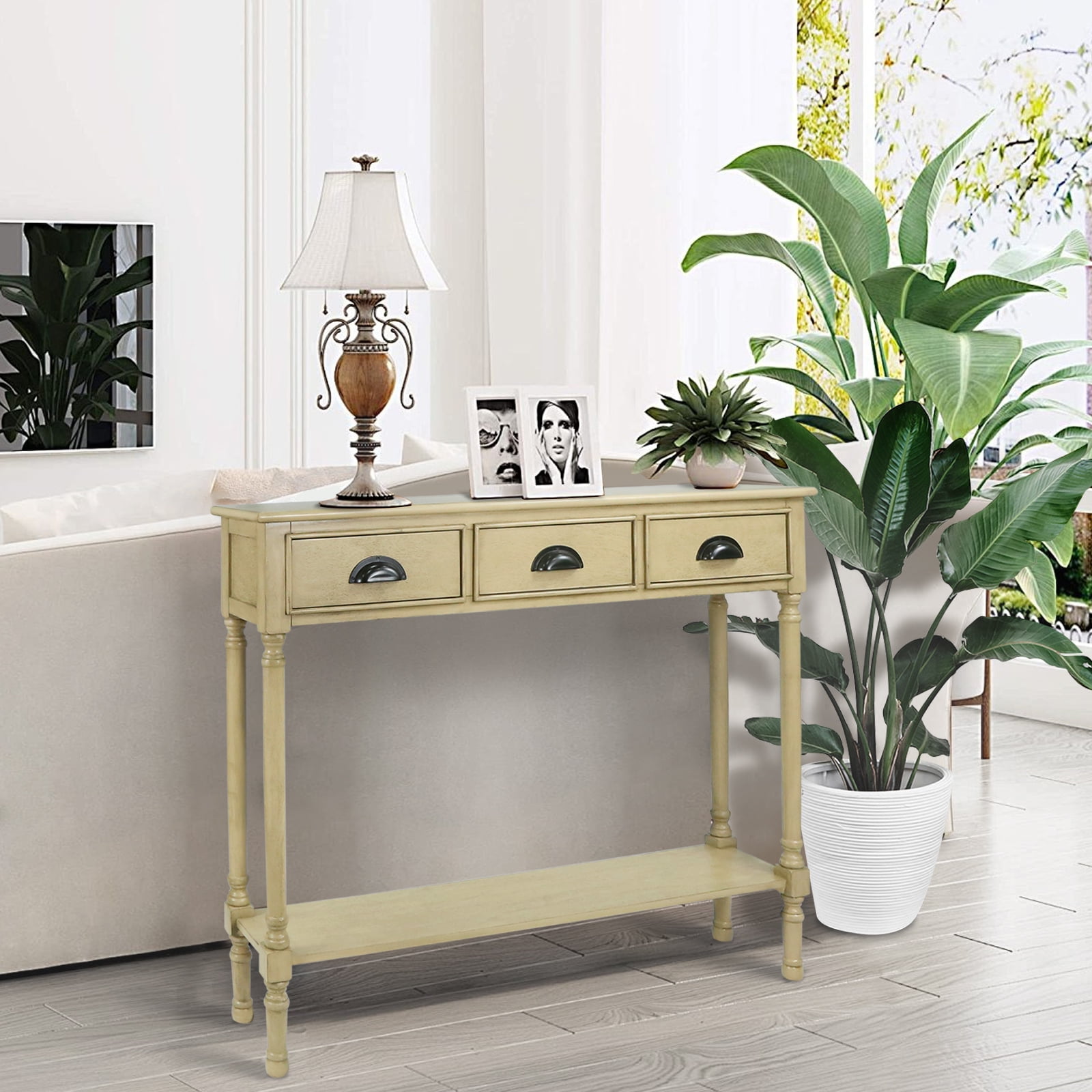 Urbanest Burlington Solid Wood Console Table with 3 Drawers & Lower Shelf – Entryway Table, Hallway Sofa Table, Narrow Accent Table for Living Room – 39.5″ × 9.5″ × 32″ – Beige Farmhouse Decor