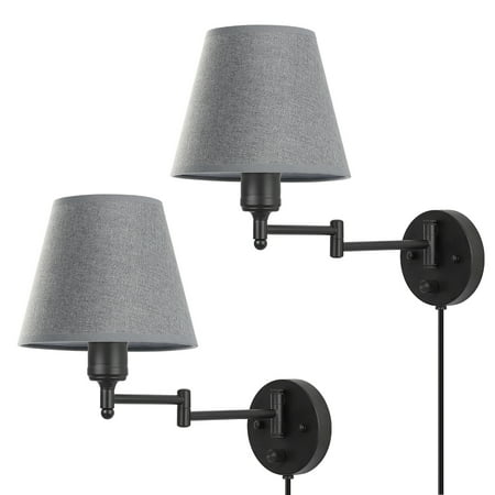 

Plug In Swing Arm Wall Sconces Set Of 2 Modern Adjustable Wall Lamp，Wall Mounted Light Fixtures With Linen Fabric Lampshade For Hallway Bedroom and Living Room-Gray