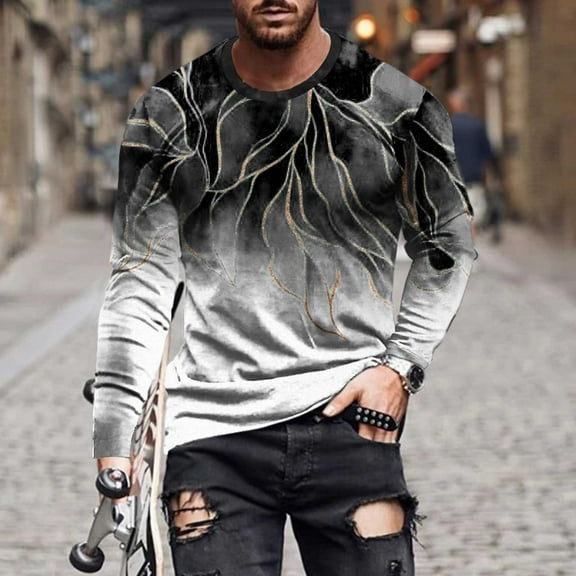 Sweatshirts for Men Long Sleeve Casual Round Neck Pullover Printed T-Shirt Blouse Black M