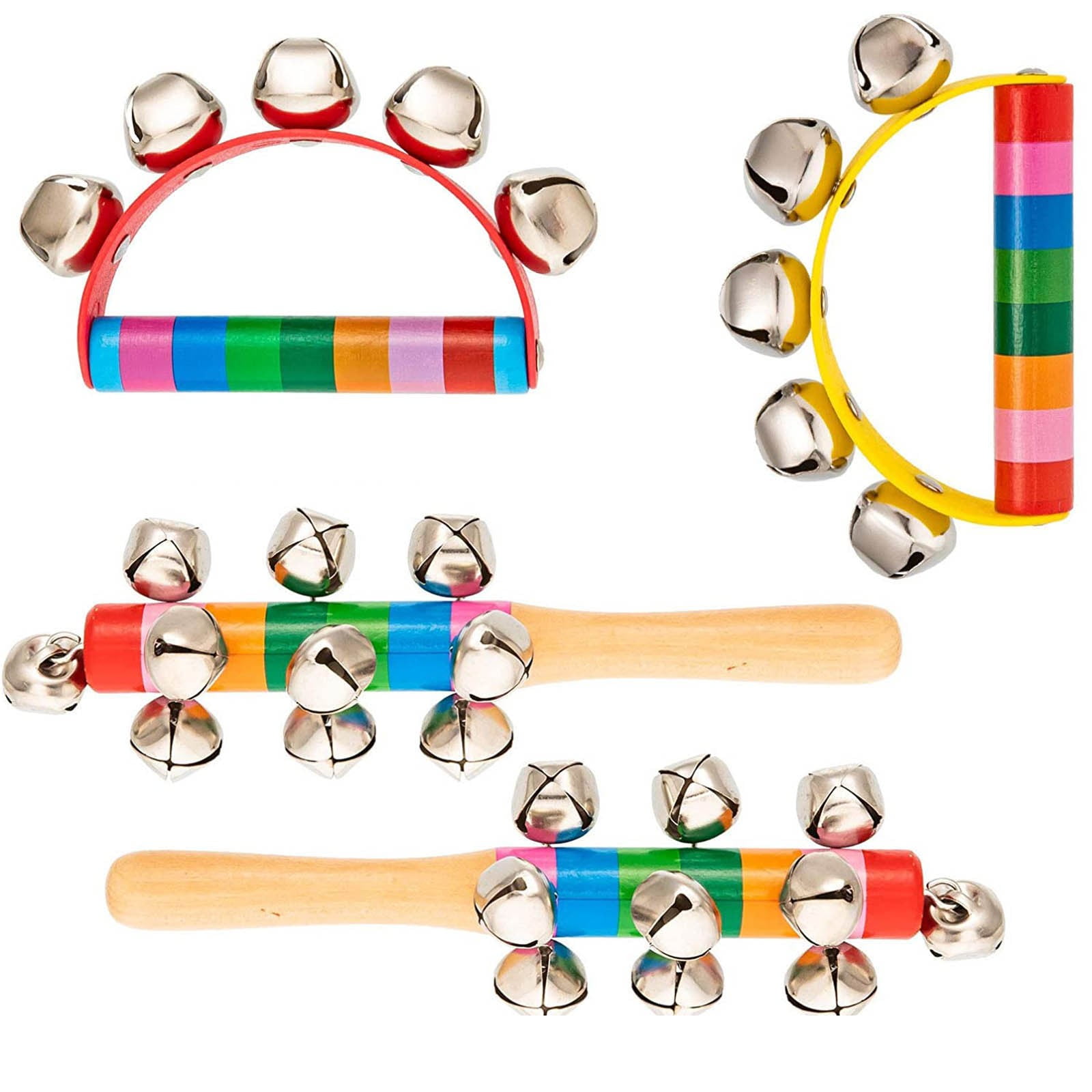 Hand Sleigh Bells 4pcs Christmas Jingle Bell for Children 18 x 5 x 3 cm Wooden Colorful Handle Musical Instrument Handbell Toys 