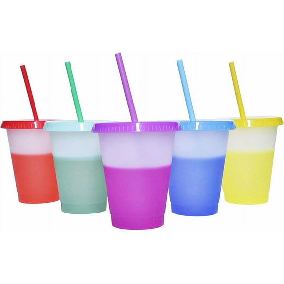 Color Changing Cups, 16oz 5 Reusable Cold Drink Cups with Lids and Straws Summer Coffee Tumblers Party Cup for Kids