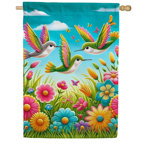 America Forever Hummingbird Spring House Flag 28 x 40 inch Double Sided Hummingbirds Colorful Flowers Butterflies Spring Seasonal Outdoor Yard Decorative Flag
