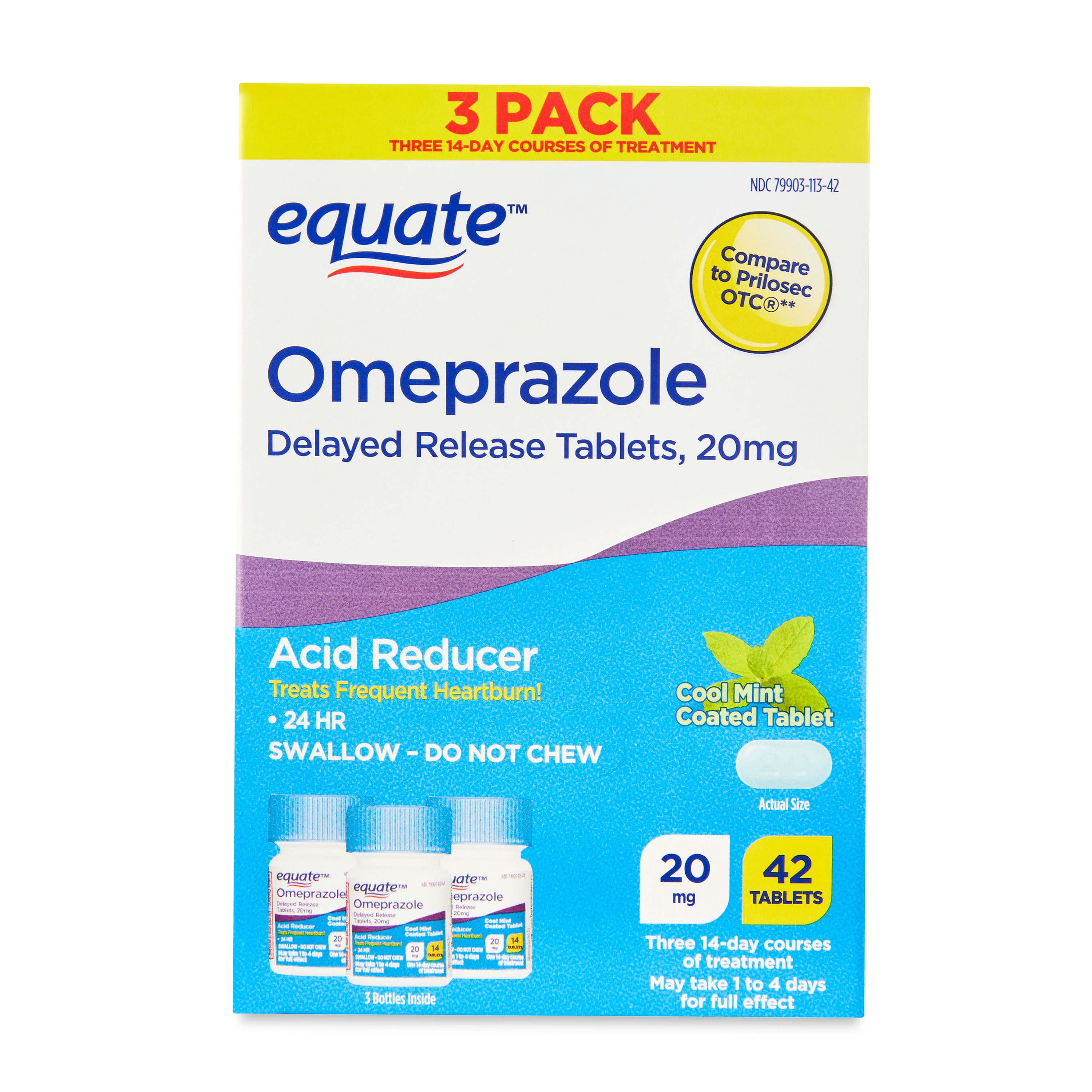 Equate Omeprazole, 20 mg Delayed Release Tablets, Cool Mint, 42 Count