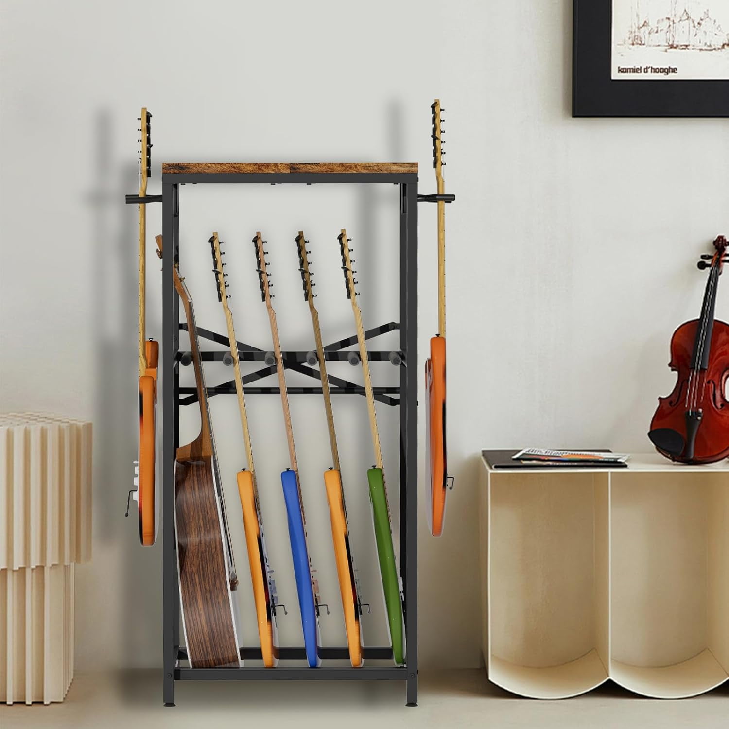 Guitar Stand for Multiple Guitars, Guitar Rack for Acoustic Guitar, Electric Guitar, Bass and Ukulele, Rustic Guitars Display Stand with 2 Guitar Hangers, Gold