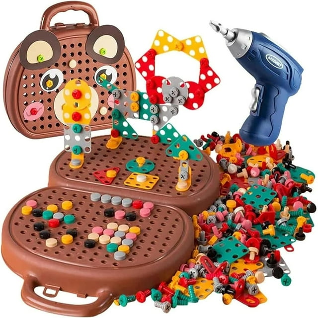 Boîte à Outils Montessori Boîte à Outils Montessori avec Perceuse Boîte à Outils Montessori avec Perceuse pour Enfants de 3 à 12 Ans (Brun avec Perceuse Électrique)