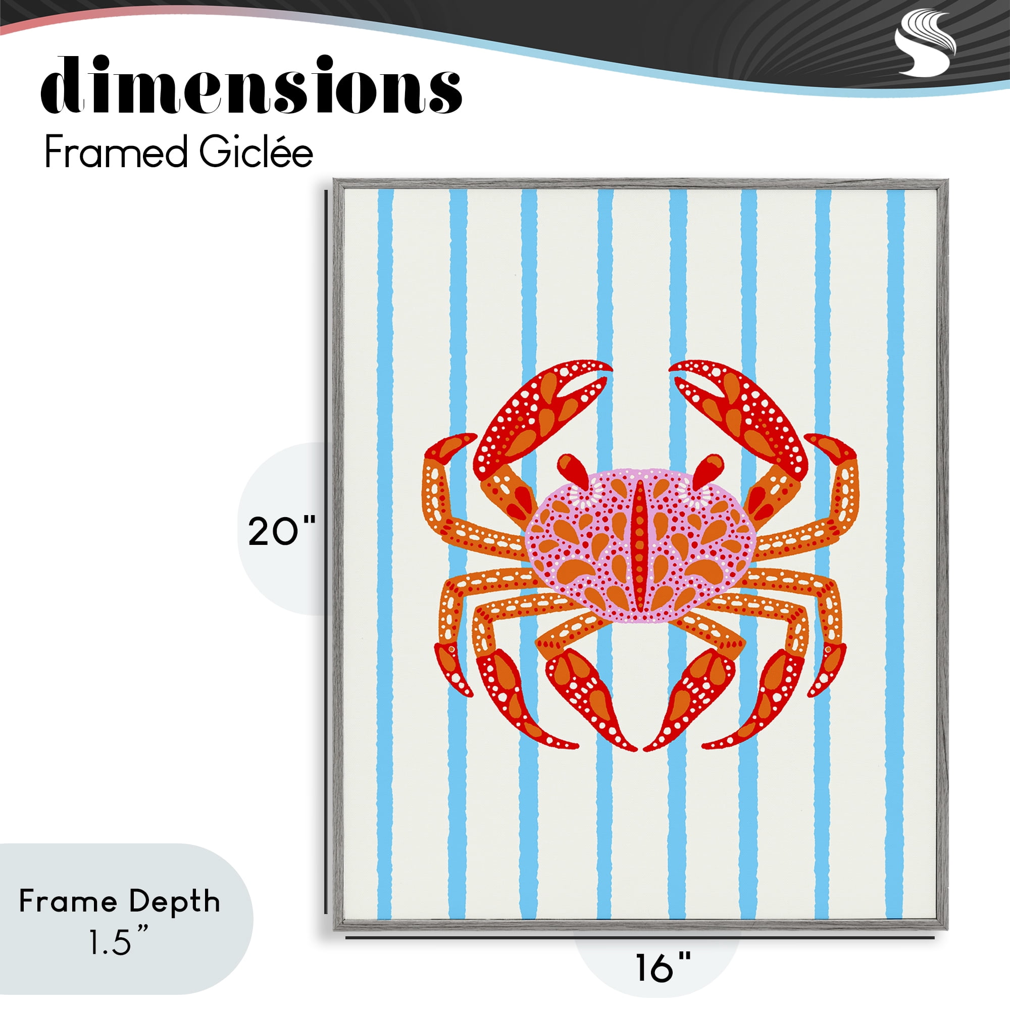 Stupell Industries Bright Crab on Stripes Gray Framed Giclee Art, design by Indira Prieto | IndySign