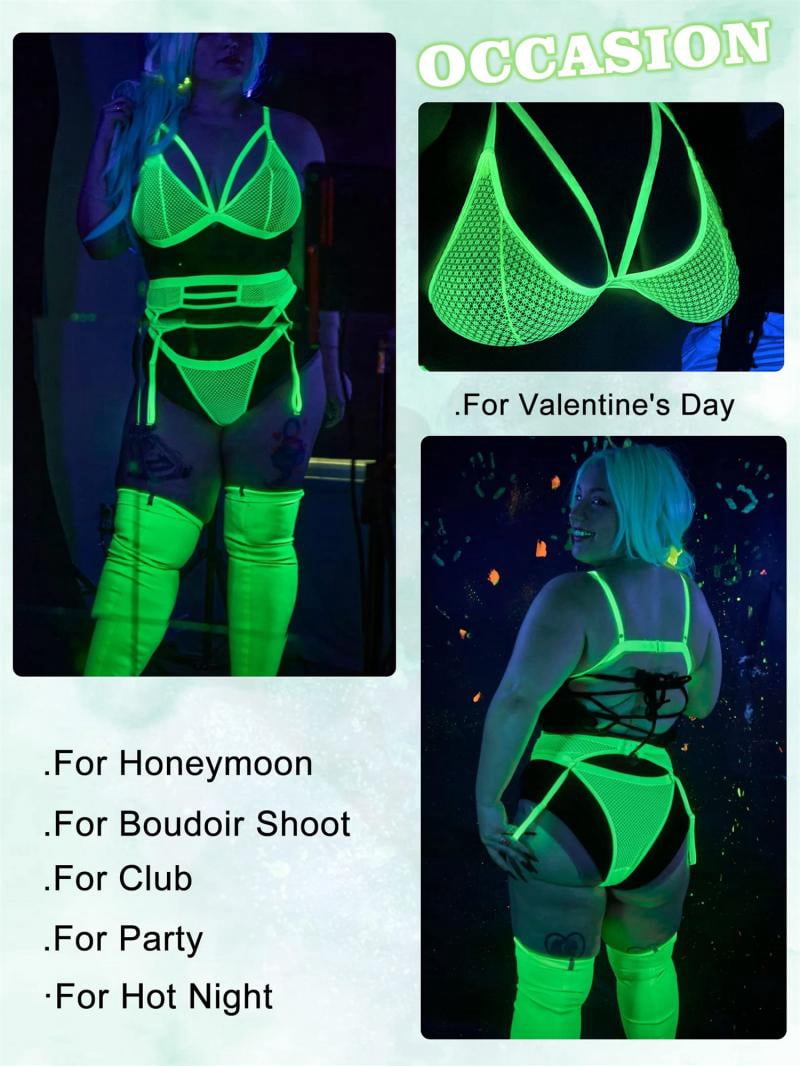 Popiv Women Sexy Lingerie Strappy Lace Garter Lingerie Sets High Waisted  Sheer Mesh Lingerie, Neon Green, XL