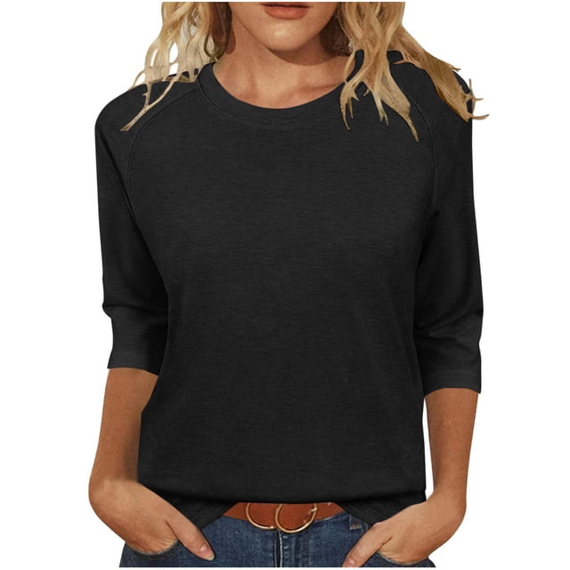 Liquidation d'Économies! Hauts pour Femmes Grande Taille, Blouse d'Été à Manches Courtes pour Femmes, Haut Blouse Décontracté Mode pour Femmes à Manches 3/4 Uni à Col Rond pour Dames