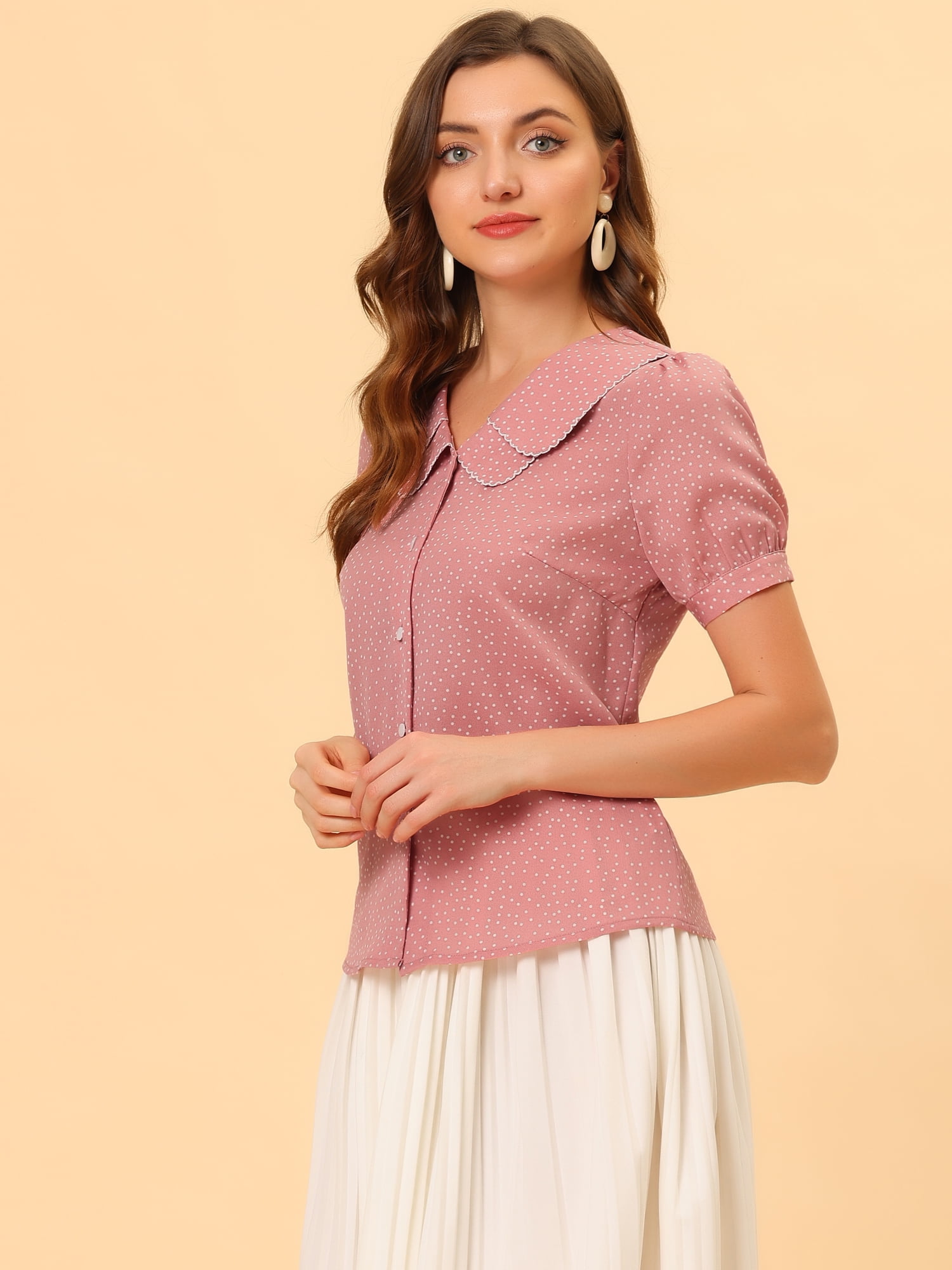DARING DIVA Women's Polka Dots Peter Pan Collar Puff Sleeve Shirt 3XL Pink