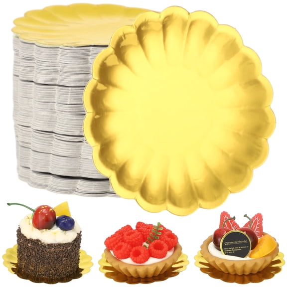 120 PCS Mini Dessert Plates, 3.5 in Golden Paper Cupcake Plates with Scalloped Rim, Small Disposable Dessert Dishes for Cupcakes Cookies Candies Macron Party Wedding Birthday