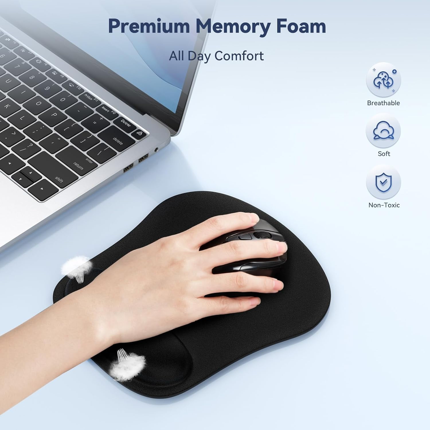 Mouse Pad with Wrist Support, Ergonomic Gaming Pain Relief, Portable Comfortable Mousepad for Computer, Laptop, Office, Home and Travel, Non-Slip Base, Waterproof Surface, Black