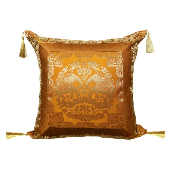 Stylo Culture Indian Brocade Home Decor Throw Pillow Sham Cover Mustard Yellow Gold 18x18 Jacquard Tassels Sofa Cushion Cover 45 x 45 cm Polydupion Silk Zippered Elephant Pillow Case | 1 Pc