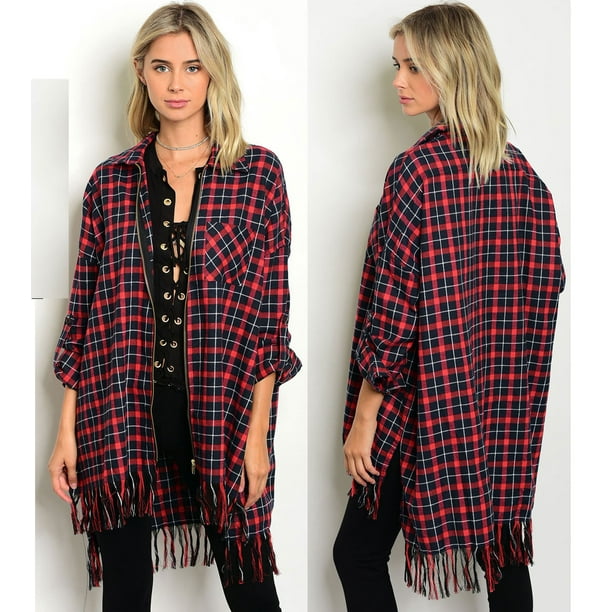 Jed Fashion - JED FASHION Women's Cotton Plaid Zip Up Oversized Cardigan Overshirt - Walmart.com