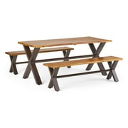 GDF Studio Sanil Outdoor Acacia Wood 3 Piece Picnic Set, Teak and Rustic Metal