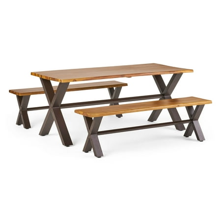 GDF Studio Sanil Outdoor Acacia Wood 3 Piece Picnic Set, Teak and Rustic Metal