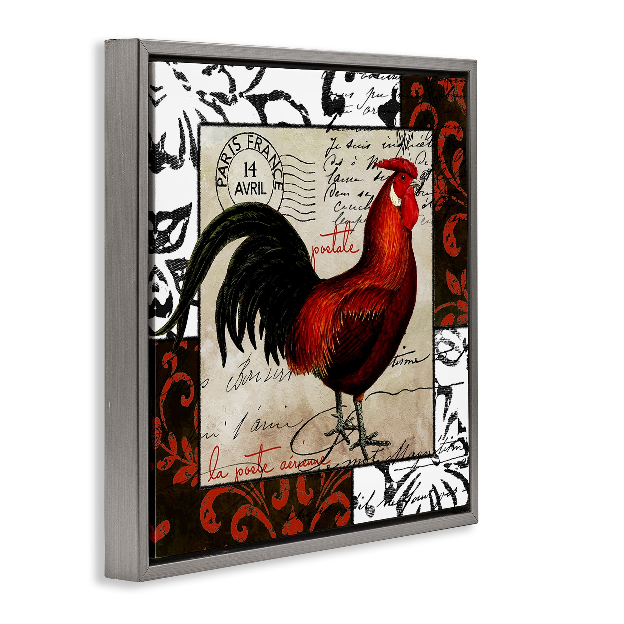 Stupell Industries Rooster & Vintage Post Animals Painting Gray Floater Framed Canvas Art Print Wall Art, 18 x 18