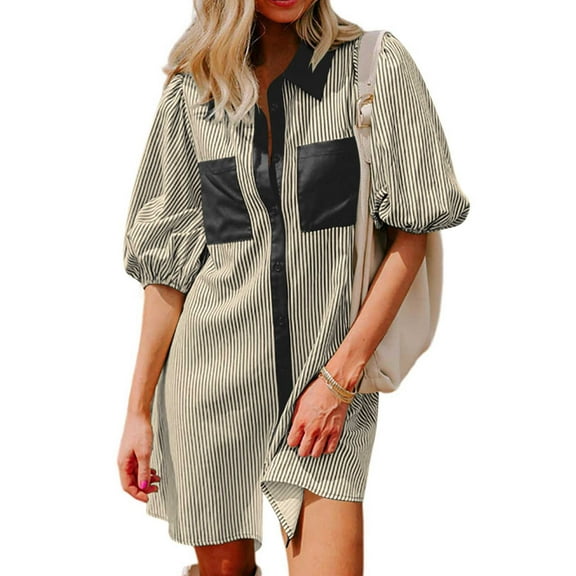 Tumotour Shirt Dress for Women Mini Dress Women Dress Summer Casual V Neck Short Sleeve Button Striped Tunic Dresses With Pockets