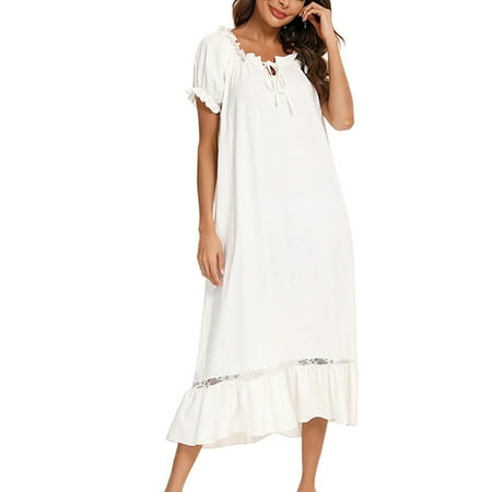

Frontwalk Women Lace Up Ruffle Robes Beach Boho Cover Ups Bathrobes Crew Neck Sleep Dress Short Sleeve Nightdress