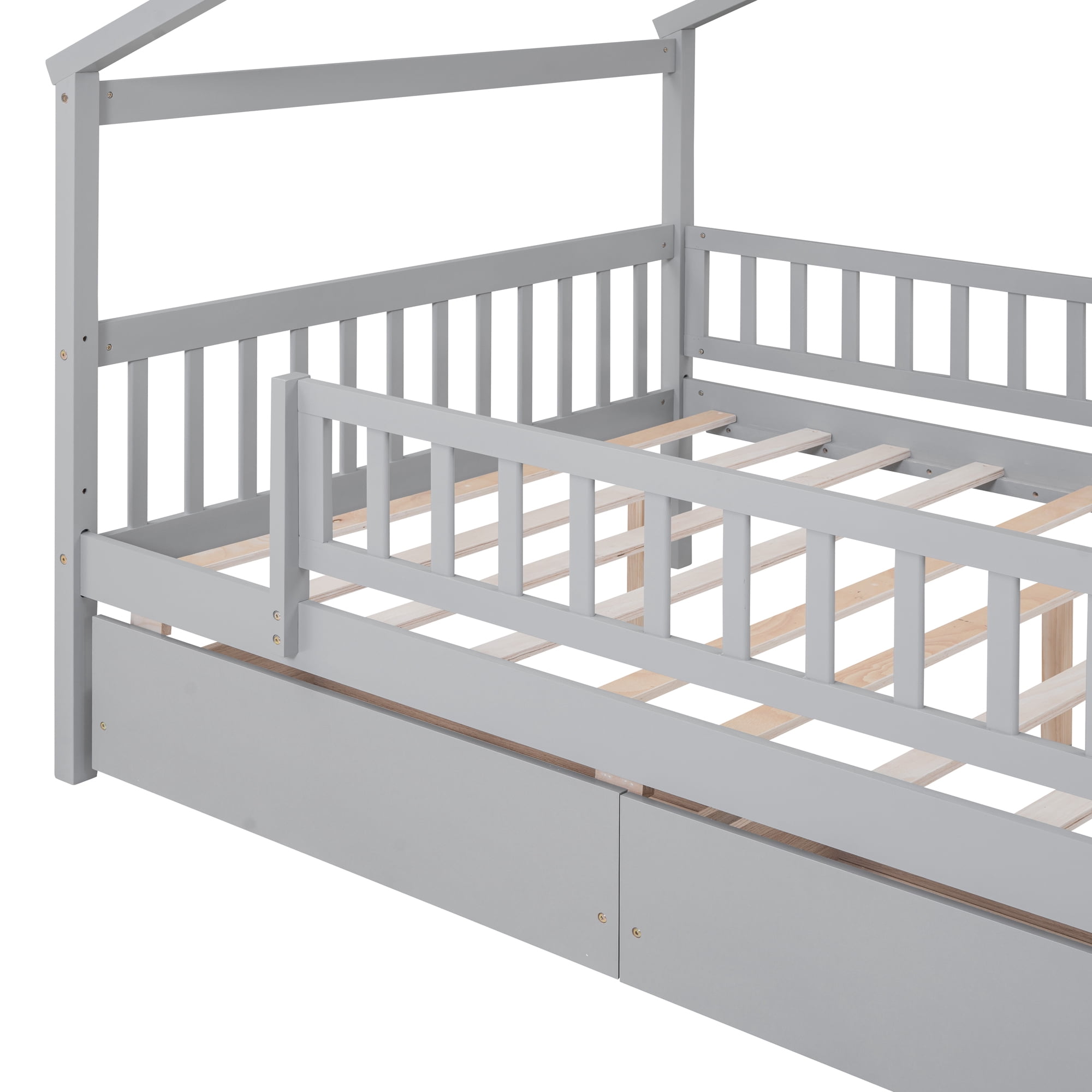 Bellemave Full Size House Bed with Storage Drawers Playhouse Platform Bed Wooden House-shaped Bed Frame with Fence Guardrail and Roof (Full size, Gray)