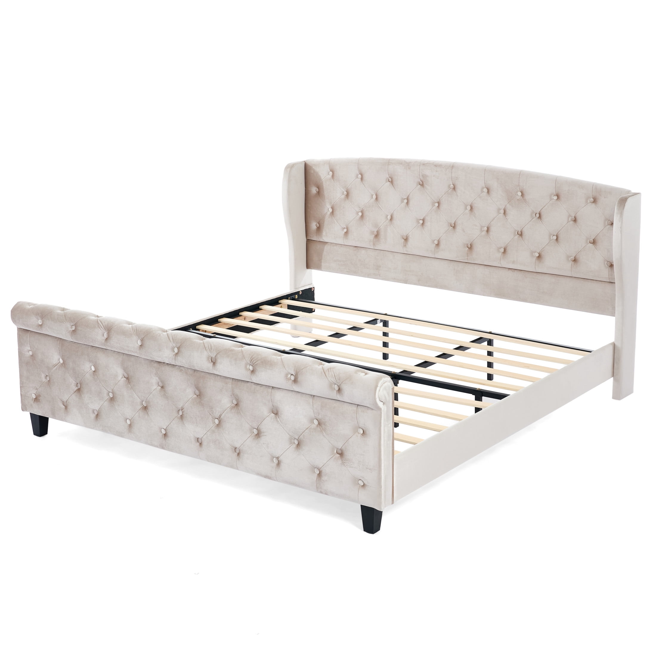 Christopher Knight Home Velvet Upholstered King Bed Frame with Wingback Headboard & Scroll Footboard, Beige