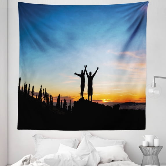 Spain Tapestry, Happy Couple Achieve to Top Tenerife Canary Islands Sunset Silhouette, Fabric Wall Hanging Decor for Bedroom Living Room Dorm, 5 Sizes, Charcoal Grey Blue Orange, by Ambesonne