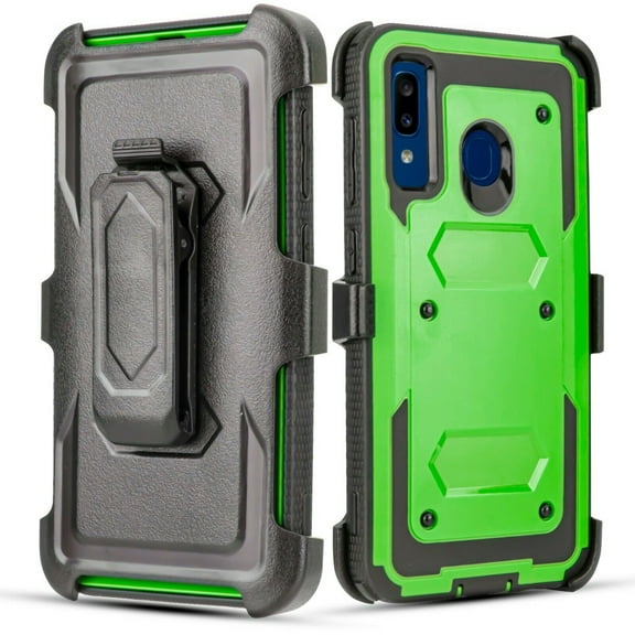 For 6.4" Samsung Galaxy A20 Combo Holster Belt Clip Kickstand Dual Layer Protective Case Raised Bevel Design Enhance Camera and Screen Protection Shockproof Impact Bumper Phone Case [Green]