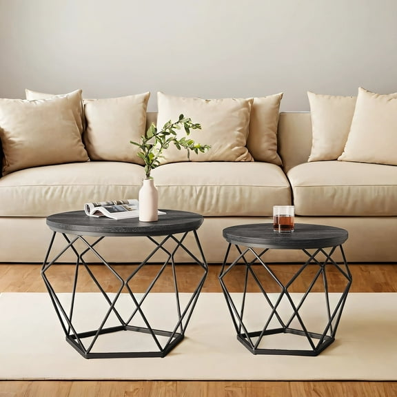 LEDREM Set of 2 Round Coffee Tables, Nesting Side Table Set with Steel Frame, 66 lb Capacity Each, Charcoal Gray & Ink Black