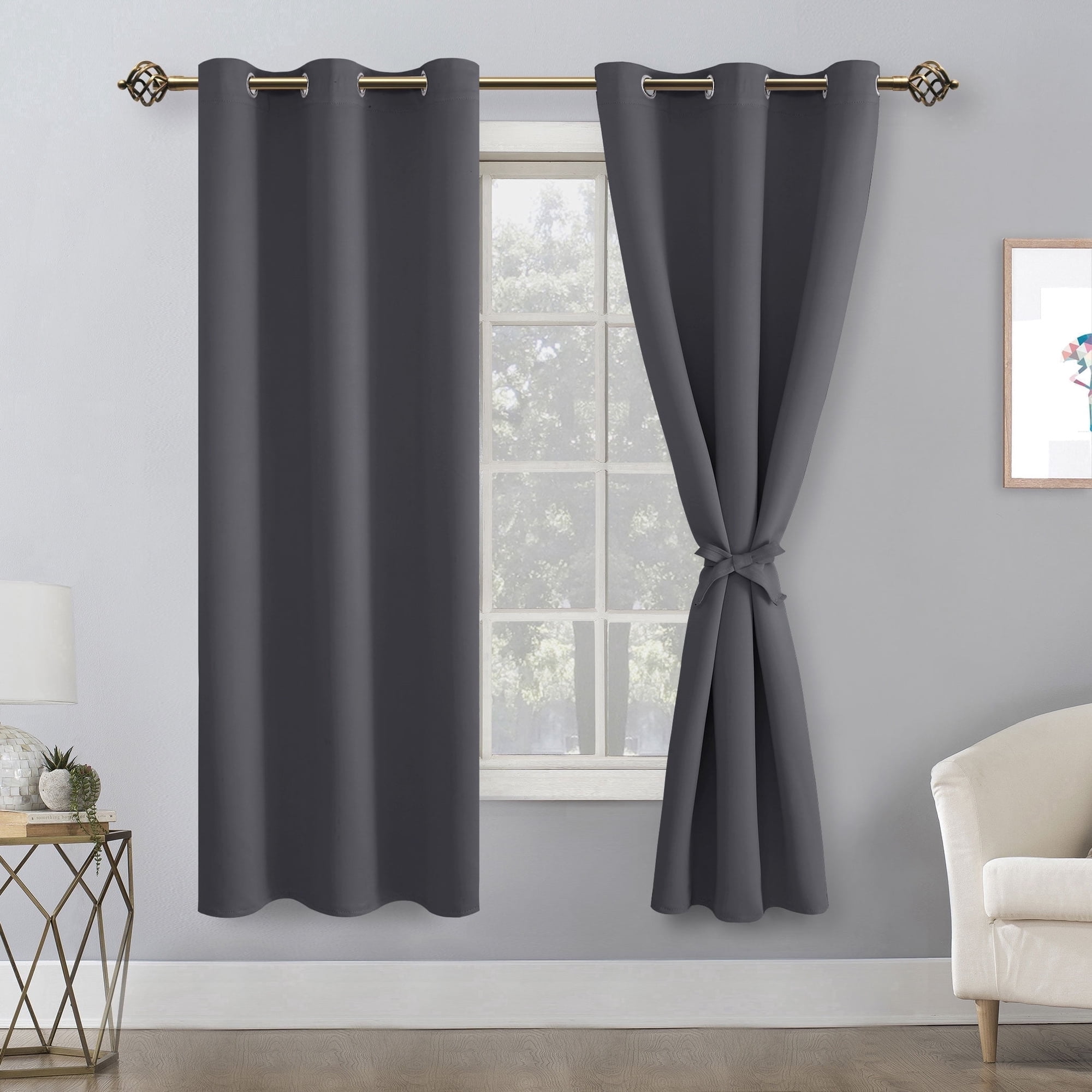 Hiasan Blackout Curtains for Bedroom Sewn with Tiebacks, Thermal Insulated Grommet Room Darkening Window Curtains for Living Room, 42 x 63 inches, Dark Grey, Set of 2 Drapes