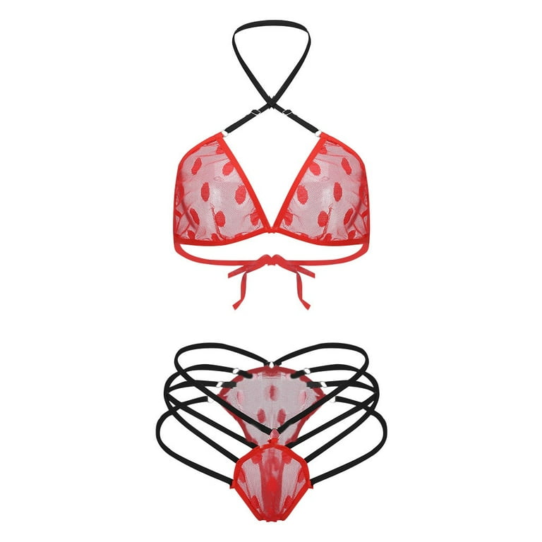 Kiplyki Wholesale New Women Mesh Sexy Red Lingerie Plus Size Wireless Bra  Panty Underwear Set S-XL 