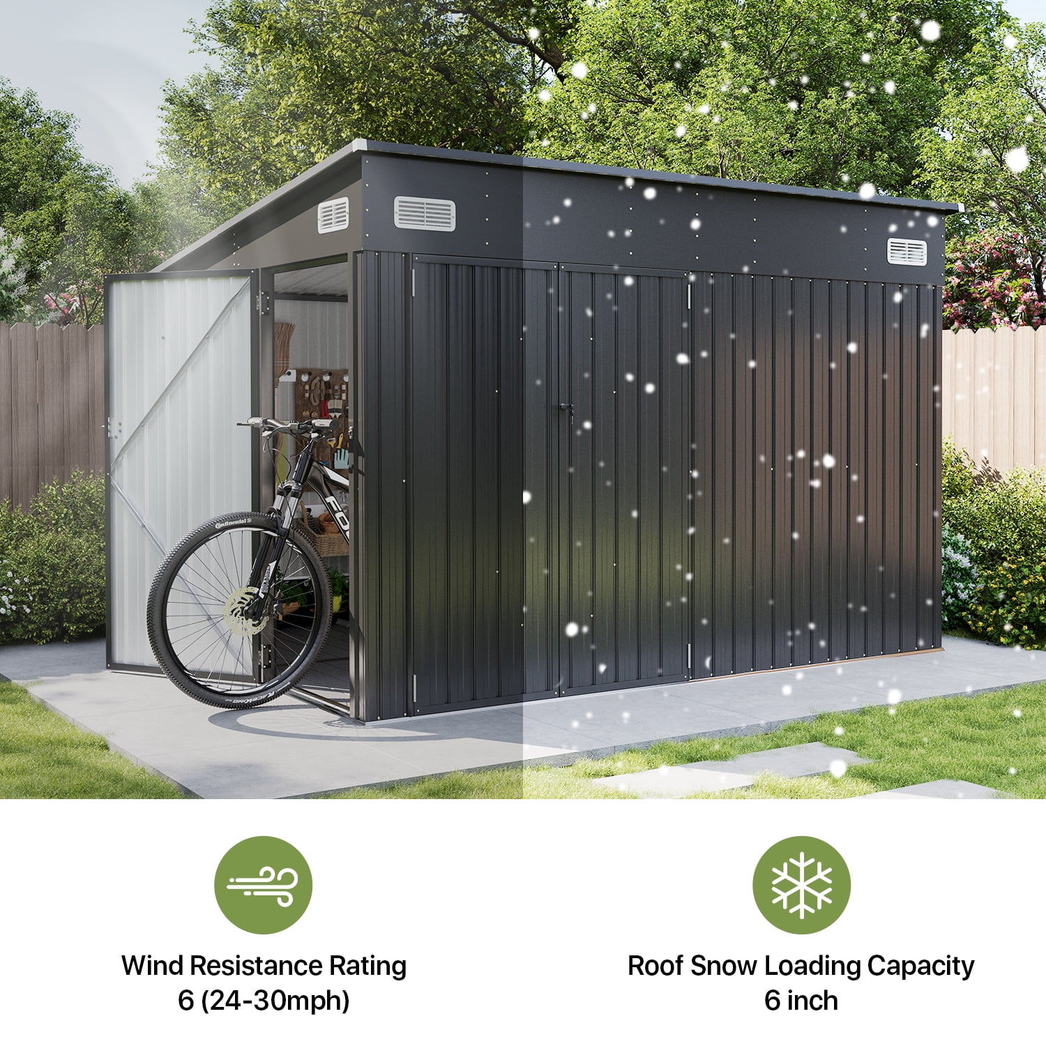 BaPiPro 10'x8' Lean-to Metal Storage Shed with Floor, Outdoor Lockable Shed with Triple Doors & Vents for Garden, Backyard, Patio - Black