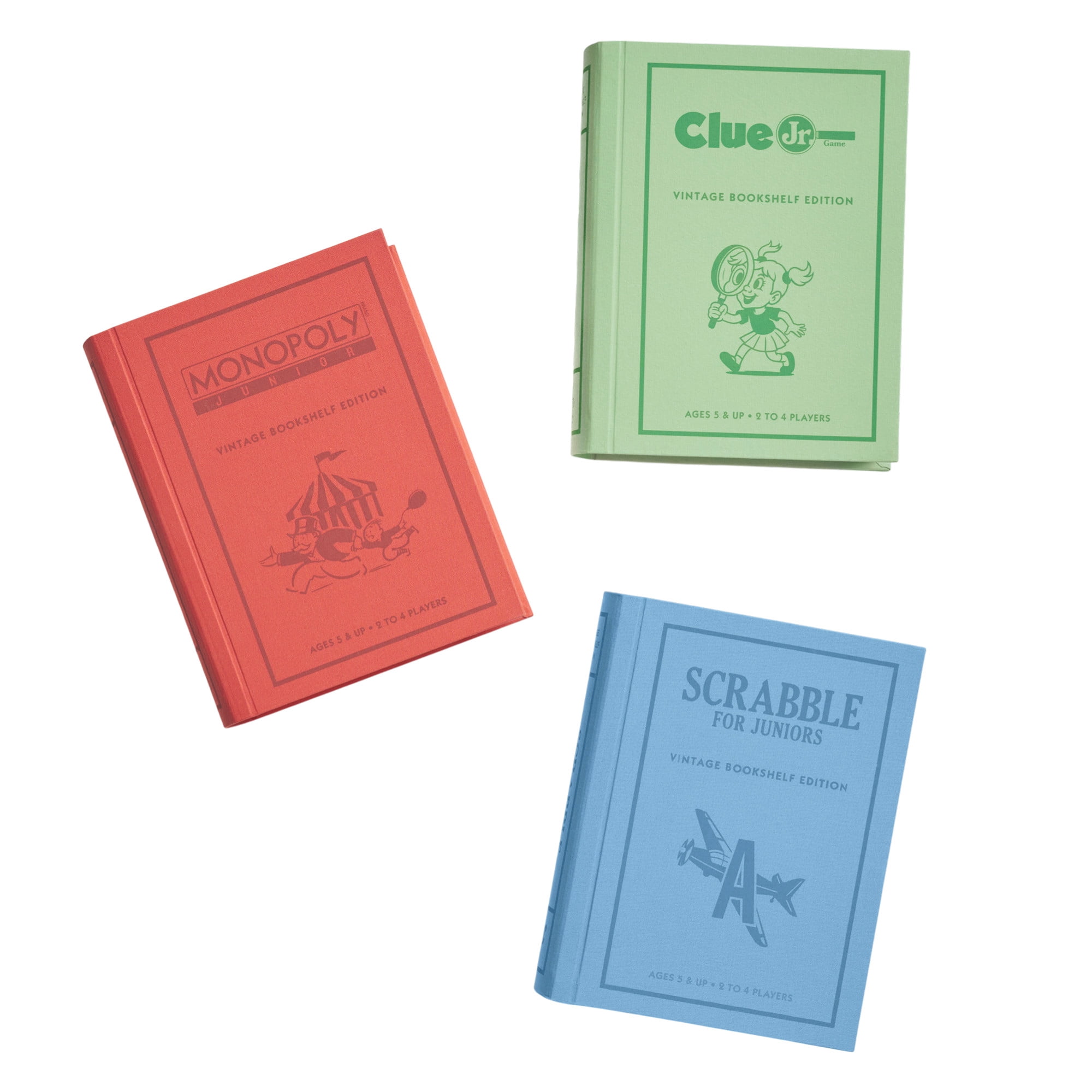 WS Game Company Junior Vintage Bookshelf Edition 3-Pack Bundle – Monopoly Junior, Scrabble for Juniors, and Clue Jr. – Premium Fabric Wrapped Book Storage - Board Games for Kids Ages 5+