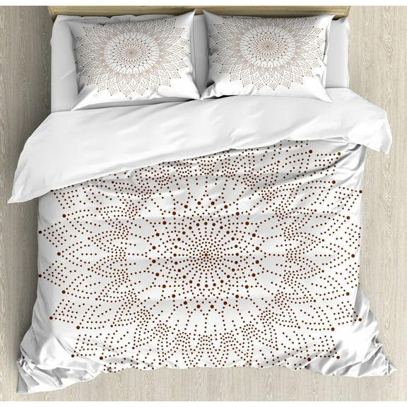 Brown Mandala Duvet Cover Set King Size, Pointillist Style Artwork of Lace Henna Inspired Mandala Print with Dots, Decorative 3 Piece Bedding Set with 2 Pillow Shams, Brown White, by Ambesonne