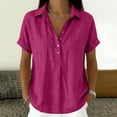 thumbnail image 2 of Duoif Women's Lapel Collar Cotton Linen Top Short Sleeve High Low Hem Casual Blouse Summer 2026, Hot Pink, L, 2 of 8