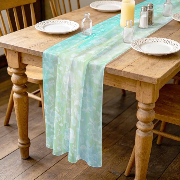 Flower Watercolor 10ft Cheesecloth Table Runner for Wedding 27"x120", Sky Blue Yellow Mixed Dappled Kitchen Dinner Sheer Tulle Chiffon Dresser Scarf, Holiday Party Decorations