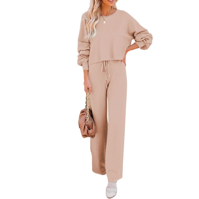 Fashnice Ensembles de Survêtements pour Femmes Col Rond Ensemble de Jogging à Manches Longues Coupe Ample Haut Court Pantalon Grand Abricot TG