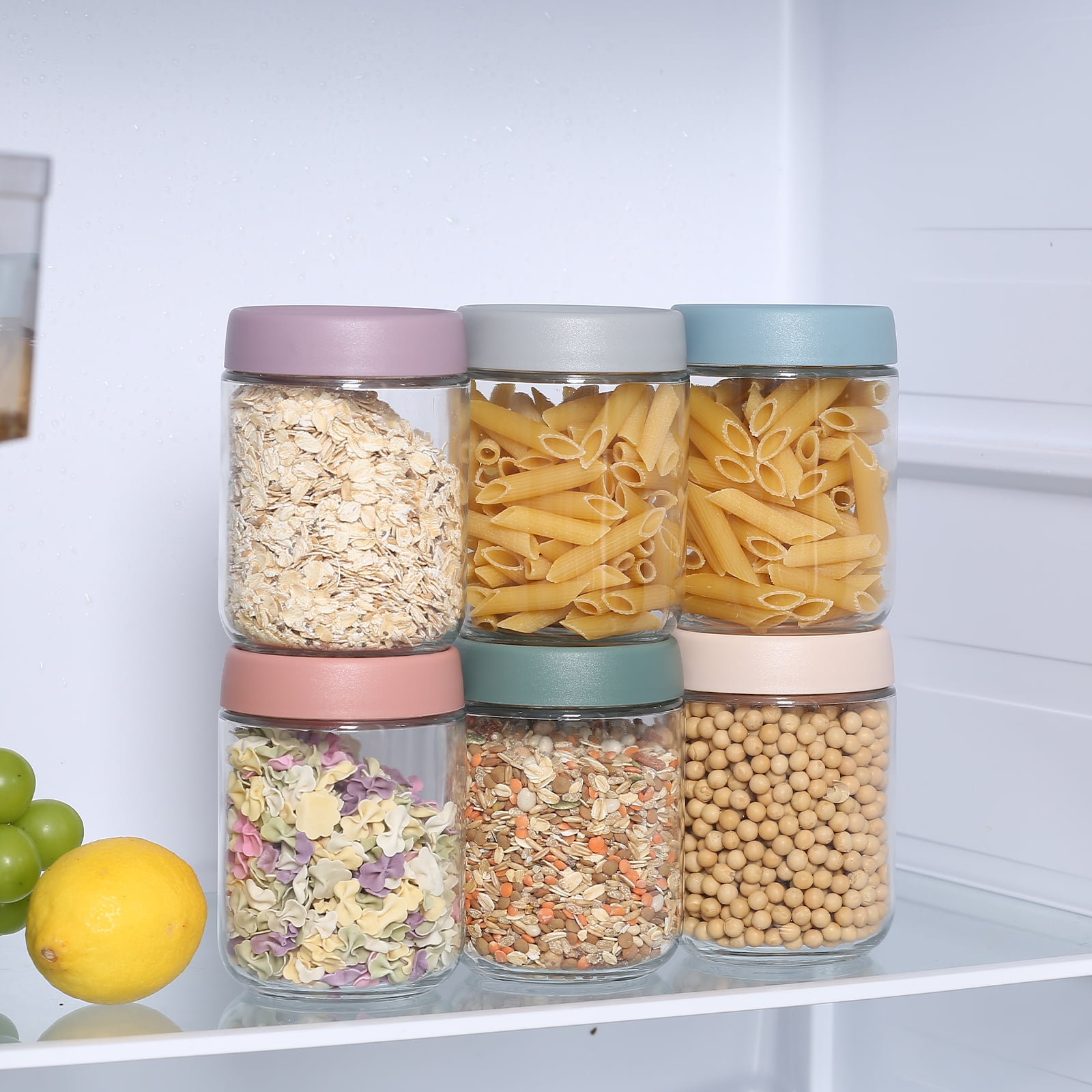 Novelinks 6 Pack 16oz Glass Jars with Colorful Plastic Lids, Airtight Clear Food Storage Containers for Pantry, Spices, Stackable & Reusable Canisters